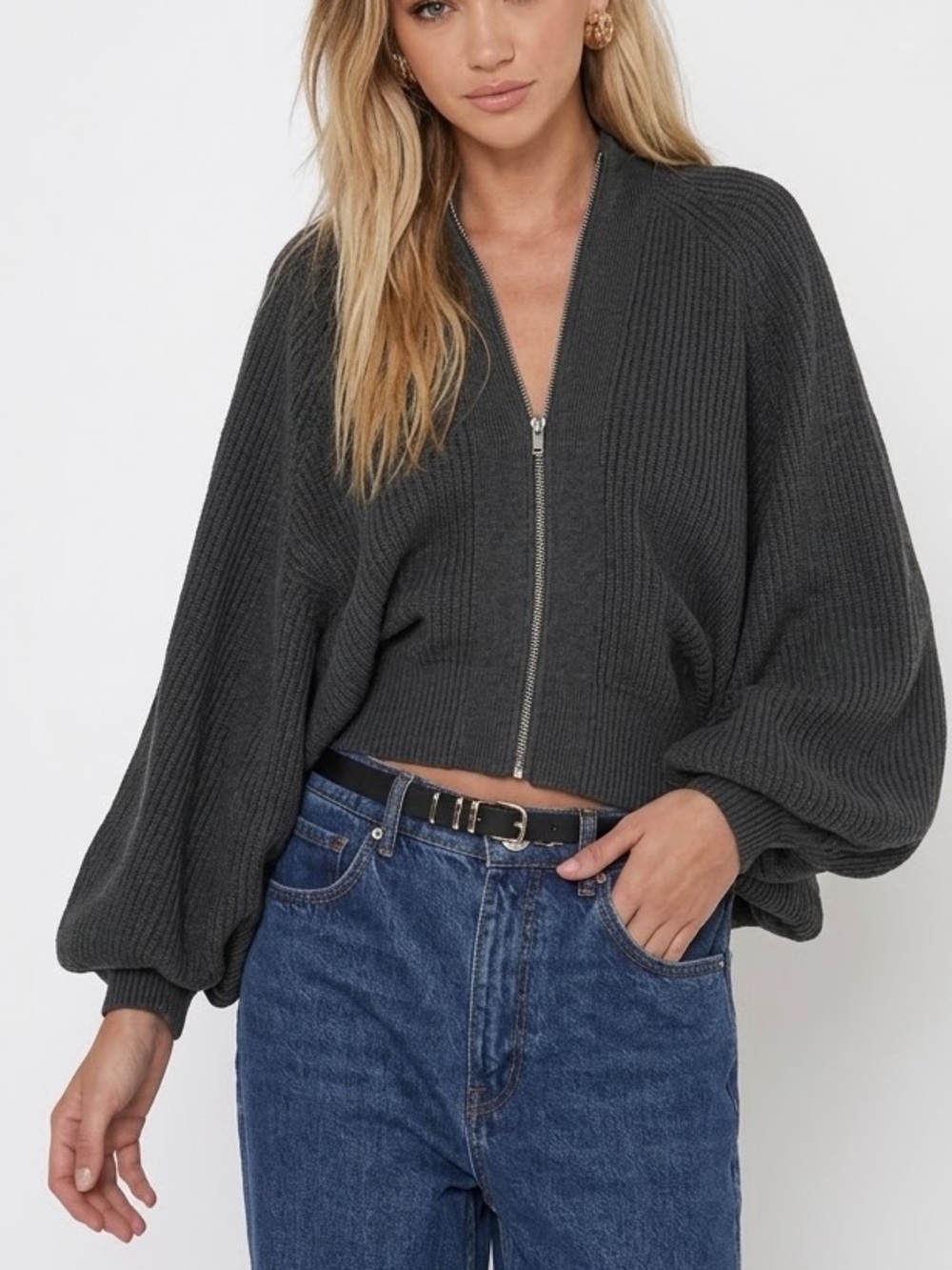 NWT Madison The Label Size S Cropped Batwing Sleeve Knit Sweater Cardigan Grey